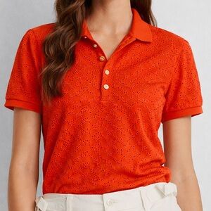 Ralph Lauren Women's Orange Eyelet Embroidered Polo Button Down Shirt Sz M NWOT